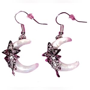 Synthetic Chalcedony Crescent Moon Star Rhinestone Dangle Drop Silver Earrings